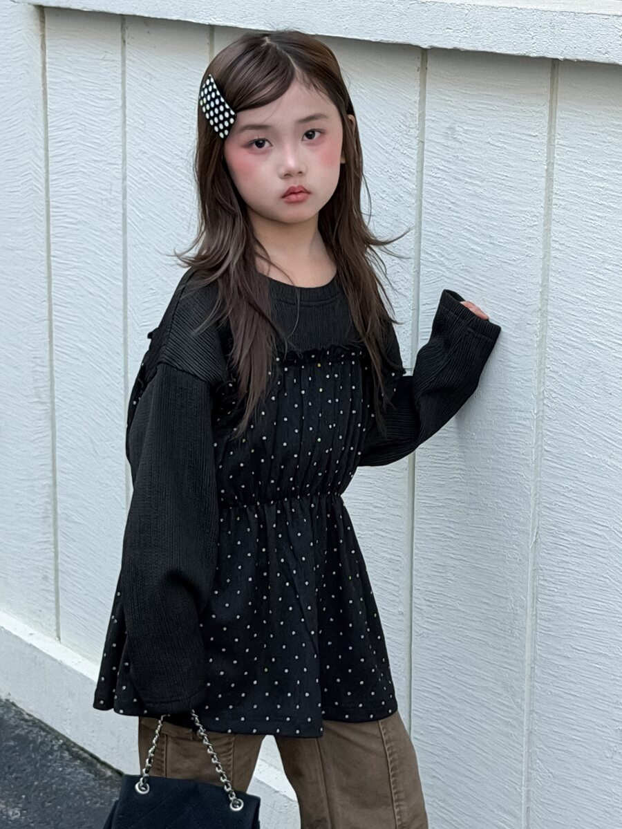 Dazy Kids 女童黑色拼接波點上衣,秋季荷葉邊收腰彈性新款T恤 - 黑色 - 查看 1