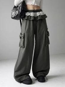 FRIFUL Women's Lace Patchwork Casual Cute Versatile Daily Wear Long Pants Everyday Going Out Dark Grey Fall - Grey - View 8