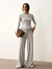 ATUI Studio Women's Solid Color Long Sleeve Top And Drawstring Waist Pants 2 Pieces Set - Light Grey - View 1