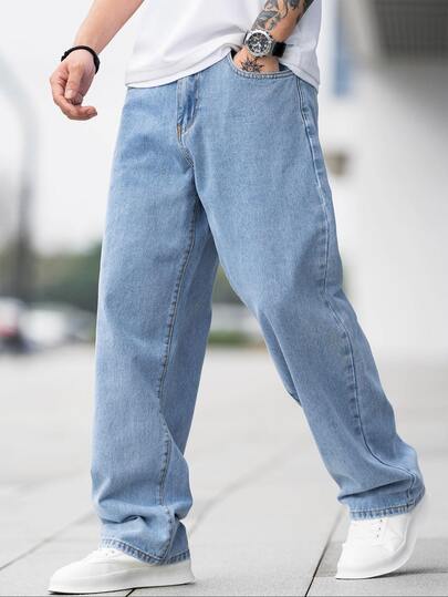 QuarKem Men's Button Pocket Fashion Denim Wide Leg Long Pants Vacation Beach Light Blue Fall Streetwear Fall And Winter