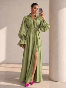 Structelle Women's Casual Raglan Puff Lantern Sleeve Dress With Cuffed Frill Trim, V-Neck Mock Collar With Tie Design, Straight Loose Fit Long Robe Dress - Green - View 7
