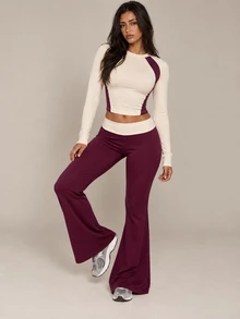 Brilight Folded Waist Wide-Leg Yoga Leggings & Contrast Racerback Sports Vest Two Pieces Set, Slim Fit For Gym, Pilates, Daily Wear, Butter Yellow. - Purple - View 1