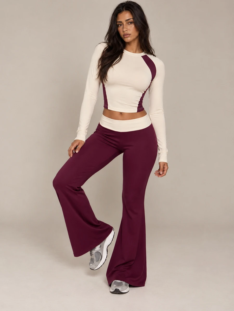 Brilight Folded Waist Wide-Leg Yoga Leggings & Contrast Racerback Sports Vest Two Pieces Set, Slim Fit For Gym, Pilates, Daily Wear, Butter Yellow. - Purple - View 1