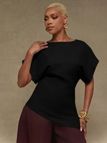Vixey Textured Woven Boat Neck Boxy Structured Sleeve Asymmetrical Hem Elegant Top, Fall/Winter, Statement Top - Black - View 3