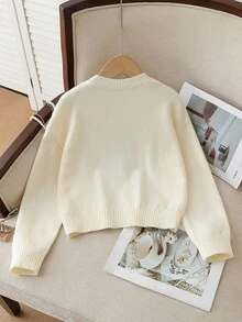 Tween Girl Applique Embroidered Fashion Long Sleeve Sweater Winter - Beige - View 2