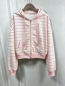 SHEIN x Carly Lawrence INAWLY 女款純色灰色抓絨連帽抽繩衛衣，長袖休閒上衣，秋季返校季畢業季教師衛衣 - 粉色 - 查看 3