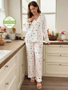 Snug Reverie 100% Cotton Sweet Heart Print Long Sleeve Women's Pajama Set, Spring/Autumn Fresh Style - White - View 6