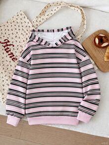 SHEIN Tween Girls Tween Girl Striped Print Sweatshirt, Suitable For Autumn/Winter, Everyday Wear All Seasons - Pink - View 3