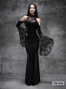 Cryptelle Women's Lace & Velvet Patchwork Batwing Sleeve Gothic Top, Autumn/Winter Black Witchy Halloween Outfit Costume - Black - View 1