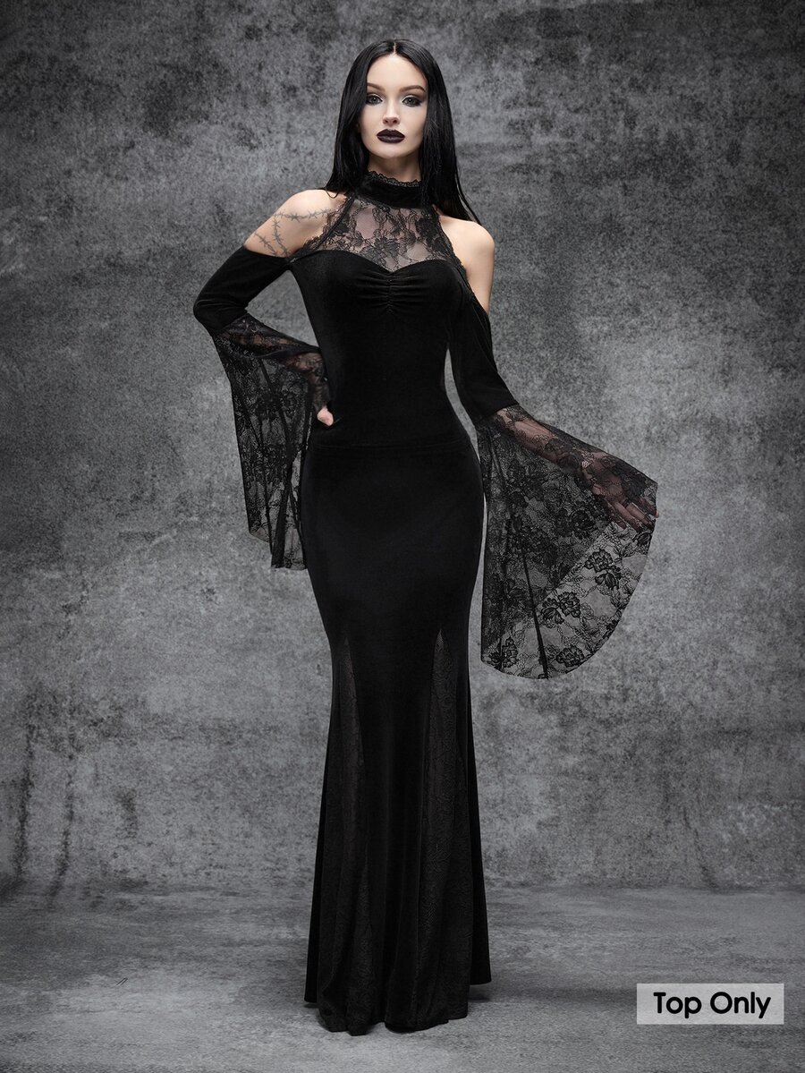 Cryptelle Women's Lace & Velvet Patchwork Batwing Sleeve Gothic Top, Autumn/Winter Black Witchy Halloween Outfit Costume - Black - View 1