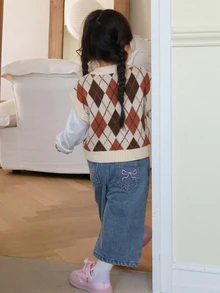 Dazy Kids 女嬰拼色菱格紋V領針織背心，秋冬季幼兒秋季服飾 - 卡其色 - 查看 4