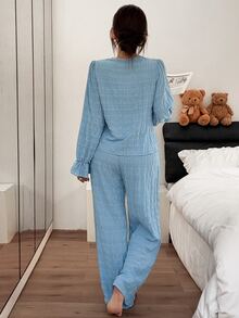 Napfluff Women's Contrast Trim Front Tie Jacquard Short Sleeve Loose Long Sleeve Long Pants Pajama Set - Blue - View 2
