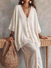 Linhara CURVE Plus Size Women Solid Color Knit Shawl Cardigan V-Neck Metal Button Suitable For Daily Casual Traditional Office Semi Formal Vacation Autumn Beige - White - View 6
