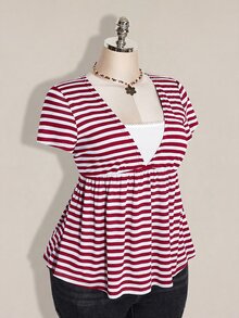 SHEIN ICON 女款大尺碼復古性感千禧風Y2K簡約休閒日常通勤街頭風黑灰條紋深V領二合一上衣 - 紅色 - 查看 8