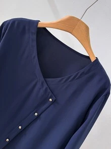 Rusticease Middle-Aged Women Solid Color Casual Daily Long Sleeve Top - Navy Blue - View 5