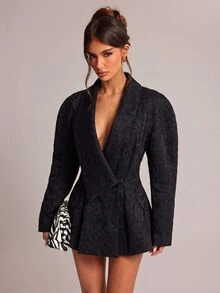SHEIN BAE 女款披肩領提花優雅西裝外套 - 黑色 - 查看 5