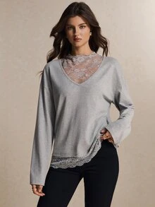 Poéselle Women's Contrast Lace 2-In-1 V-Neck Long-Sleeve Top, Loose-Fit Cotton-Blend Layering Blouse For Fall, Thanksgiving, And Christmas - Light Grey - View 4