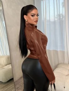 SHEIN SXY 性感修身長袖拉鍊夾克 - 鏽棕色 - 查看 2
