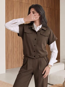 Rue Lumi Flap Detail Batwing Sleeve Shirt & Wide Leg Pants Without Blouse - Brown - View 4