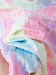SHEIN 女童紮染羅紋兩件套，半高領不對稱上衣搭配毛絨拼接袖口 + 喇叭寬腿褲套裝，拍照吸睛派對穿搭，春/秋季 - 彩色 - 查看 4