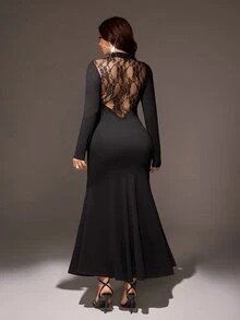 Viva Relle Plus Size Small Stand Collar Lace Patchwork Semi-Stand Collar Long Sleeve Dress Sexy Slim Fit Bodycon Mermaid Maxi Evening Gown - Black - View 5