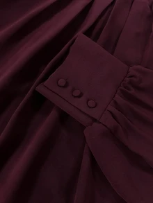 SHEIN LUNE CURVE Plus Solid Mock Neck Fold Pleated Blouse - Burgundy - View 3