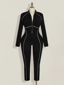 SHEIN ICON Plus Size Vintage Y2K Sexy Front Zipper Contrast Stitching Decor Slimming Tight Jumpsuit, Jumpsuit Outfit - Black and White - View 3