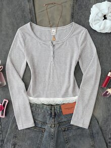 SHEIN Tween Girl Tween Girl Knit Pink Striped Oversized Scoop Neck Long Sleeve Casual T-Shirt - Multicolor - View 6