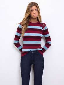 Nöista Women's Striped Crew Neck Button Design Casual Sweater - Baby Blue - View 3