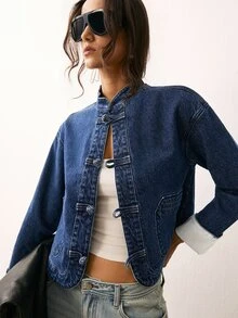 ATUI Studio Women's Versatile Frog Button Long Sleeve Denim Jacket - Navy Blue - View 3
