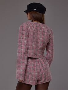 MUSERA Pink Woven Plaid Cropped Button Down Tailored Top Autumn Fall Winter Cute Everyday Office Corporate Romance - Pink - View 3
