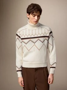Calmiston Men's Autumn/Winter Wavy Striped Raglan Long Sleeve Turtleneck Sweater - Multicolor - View 10