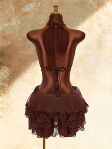 Amplova Women's 3 Pieces Swimwear Set With 3D Floral Butterfly Orchid Bra Cups, Solid Color Lining, Ruffle Hem Cover-Up And Front Center Knot - Brown - View 2