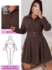Solflare Đầm size lớn phong cách vintage phối màu khối sọc, khóa kim loại - màu nâu - Xem 1