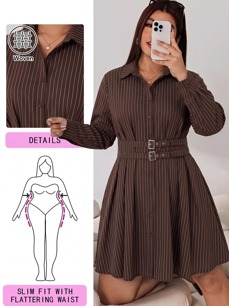 Solflare Đầm size lớn phong cách vintage phối màu khối sọc, khóa kim loại - màu nâu - Xem 1