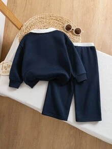 SHEIN 兒童嬰兒女童男童卡通小馬圖案拼色 Polo 領套頭運動衫套裝，適合秋冬返校休閒時尚百搭 - 彩色 - 查看 3