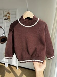 SHEIN 女童針織毛衣，蕾絲下擺高領套頭上衣，舒適柔軟杏色針織上衣，甜美休閒極簡風，適合秋冬穿著 - 咖啡棕 - 查看 1