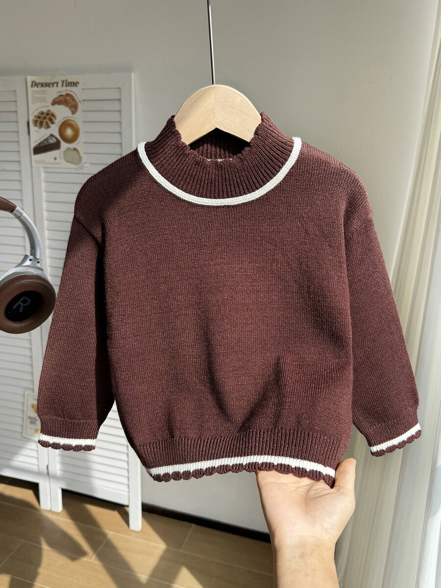 SHEIN 女童針織毛衣,蕾絲下擺高領套頭上衣,舒適柔軟杏色針織上衣,甜美休閒極簡風,適合秋冬穿著 - 咖啡棕 - 查看 1
