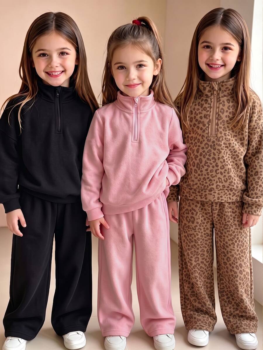1 Set Brown Leopard Print Half-Zip Stand Collar Sweatshirt And Wide Leg Sweatpants 2-Piece Set, Autumn/Winter Sports Outfit For Baby Girls - Multicolor - View 1