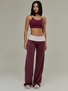 Musera Sport Scoop Neck Double Strap Contrast Colour Sports Bra Gym Pilates Workout Active Cute Daily - Burgundy - View 3