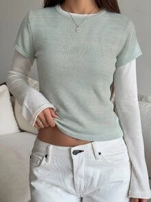 Livesso Women's Sweet Fashion Patchwork Long Sleeve Sweater - Baby Blue - View 4