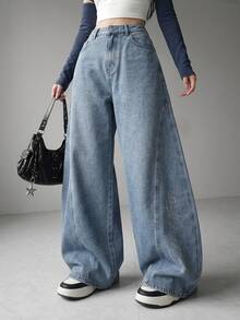 FRIFUL Women's Street Style Y2k Streetwear Button Pocket Loose Fit Denim Jeans Everyday Going Out Grey Fall - Blue - View 3