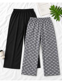 Wovencharm Wovencharm Plus Size Women's 2pcs Pure Cotton Faux Drawstring Multi-Color Solid High Waist Pajama Pants Loungewear - Multicolor - View 2