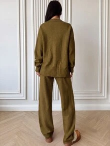 Firerie 女款棕色條紋針織毛衣套裝，長袖圓領寬鬆上衣與長褲套裝，優雅休閒日常穿搭，適合秋冬春季衣著 - 咖啡棕 - 查看 2
