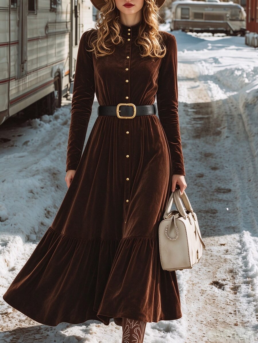 Balvessa Women's Elegance Brown Velvet Lapel Button-Stitched Pleated Maxi Dress Fall/Winter Many Occasions - Brown - View 1