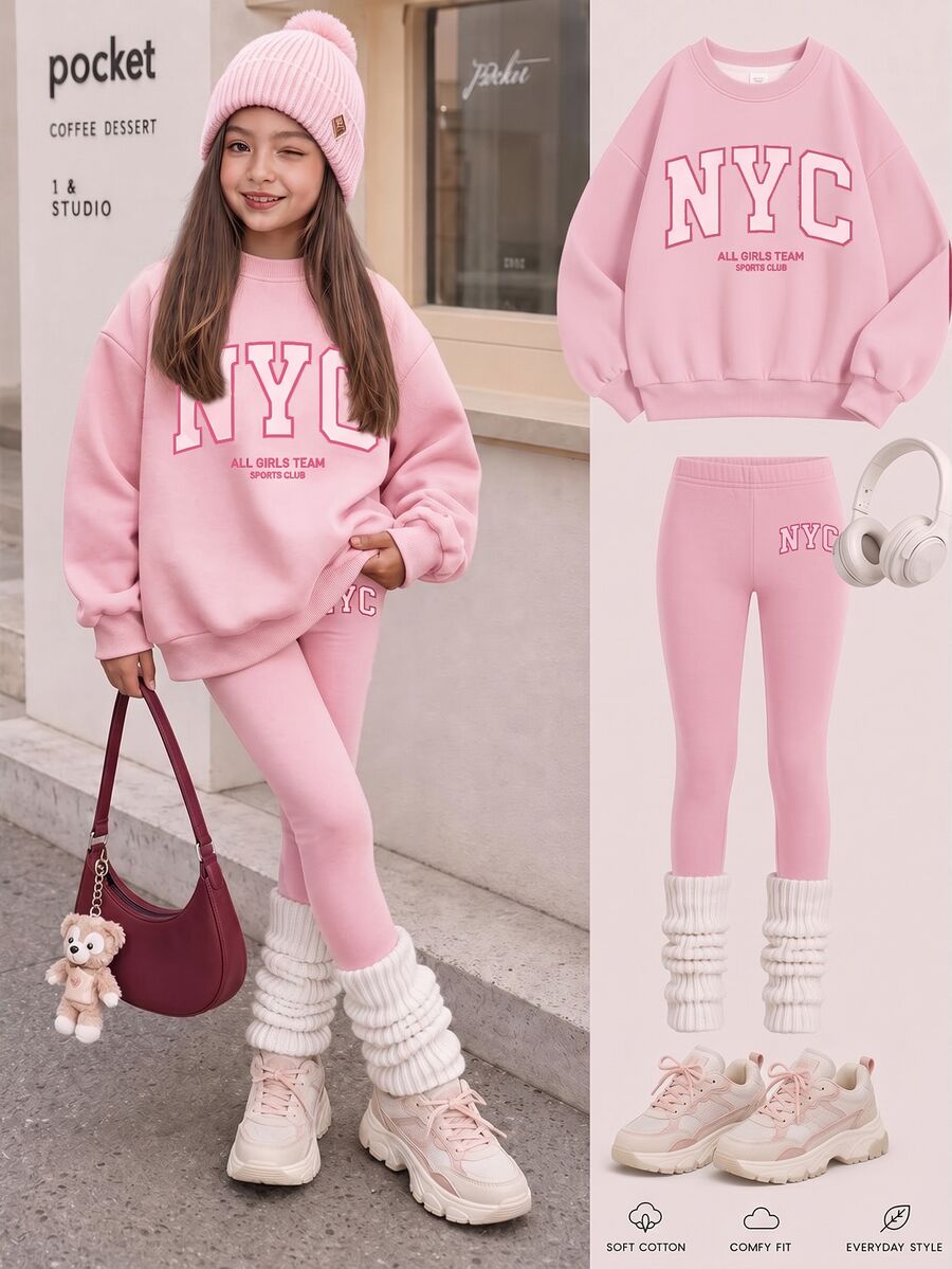 粉色極簡百搭 NYC 字母印花女童休閒抓絨圓領套頭衛衣與內搭褲 2 件套,新款適合秋冬日常、外出、校園、運動,隨性時髦美式街頭甜酷風 - 白色 - 查看 1