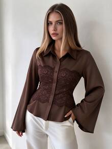 Elenzga Women's Plus Size Spring/Autumn 1pc Lapel Front Lace Patchwork Flared Long Sleeve Waist-Cinching Blouse, Mature Style For Date And Commute Fall - Brown - View 5