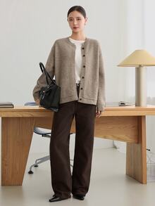 Dazy-Less Autumn/Winter Coffee Brown Round Neck Button Cable Knit Long Sleeve Slim Fit Ribbed Cardigan For Women - Coffee Brown - View 3