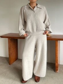 Dazy Plus Autumn/Winter New Style Lapel Casual Pants & Sweater 2 Pieces Set - Apricot - View 7