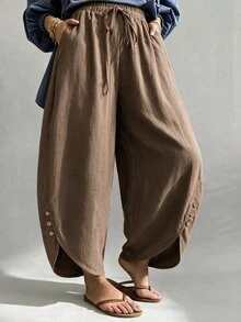 Linhara CURVE Quần short linen dáng rộng size lớn cho nữ, quần harem lưng chun dây rút, cúc bên hông, phong cách thường ngày, chiều dài ngắn, có túi, mùa thu - Cà phê nâu - Xem 1
